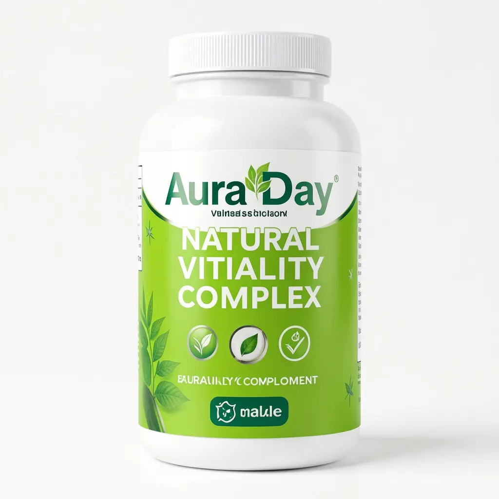 Aura Day natural vitality complex supplement bottle with green label